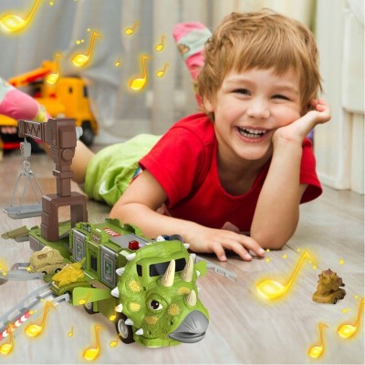 Ciężarówka Dinozaur Triceratops z otwieraną naczepą, dźwigiem, 3 autkami dinozaurów – edukacyjna zabawka dla dzieci